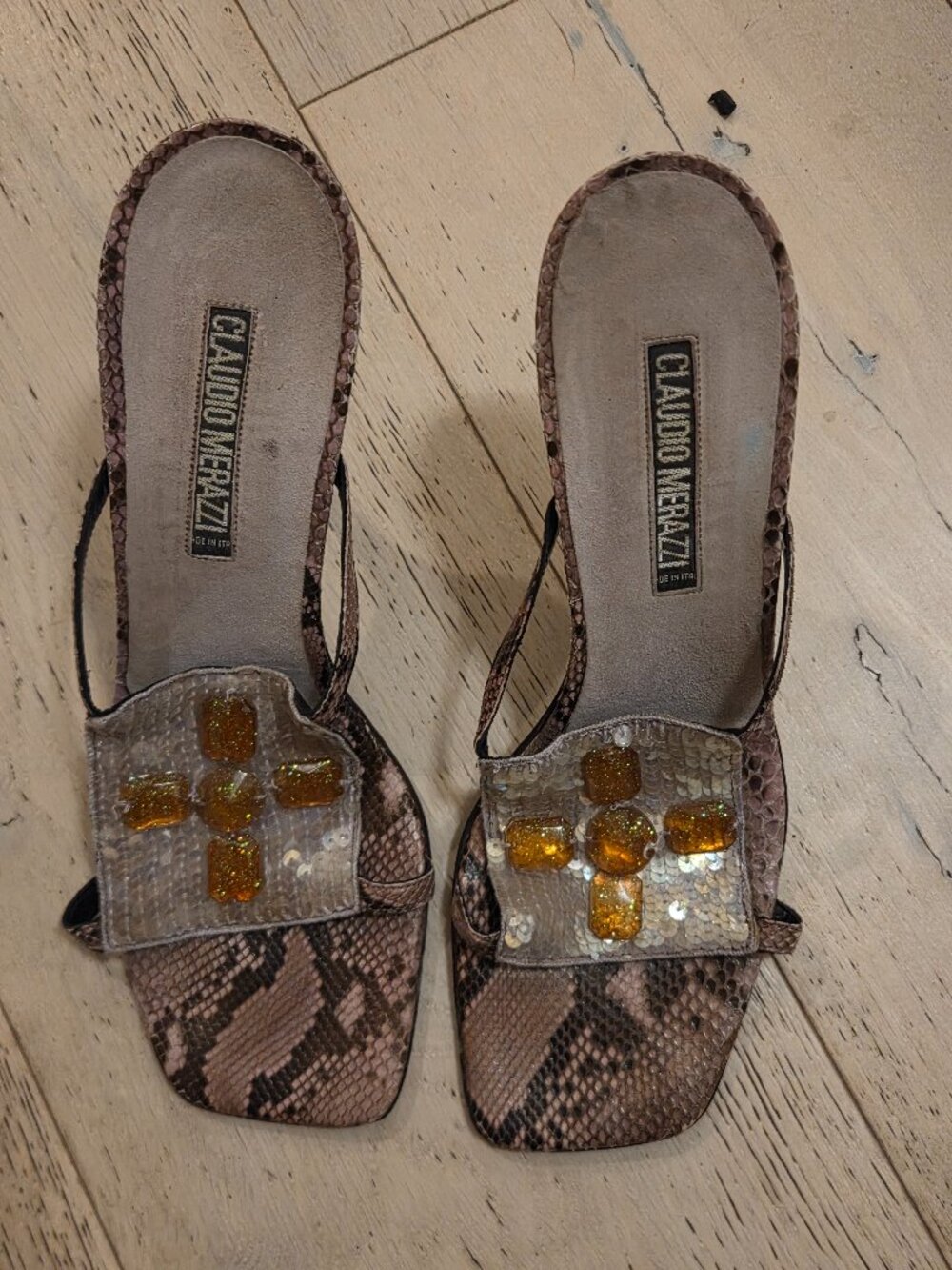 Claudio Merazzi Vintage Y2K Snakeskin Sequin Jewel Mules - Size 39 / 9 US